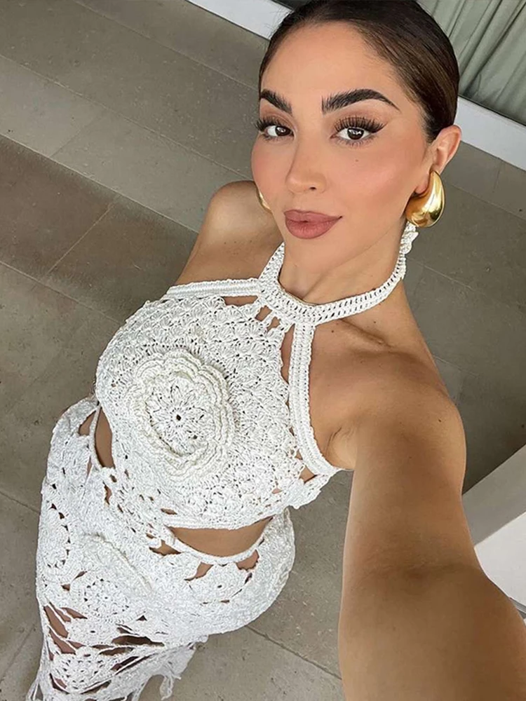 Beach Flower Hollow Out Dress Women White Halter Sleeveless Backless Long Dresses Female 2024 Summer Fashion Lady Vestidos