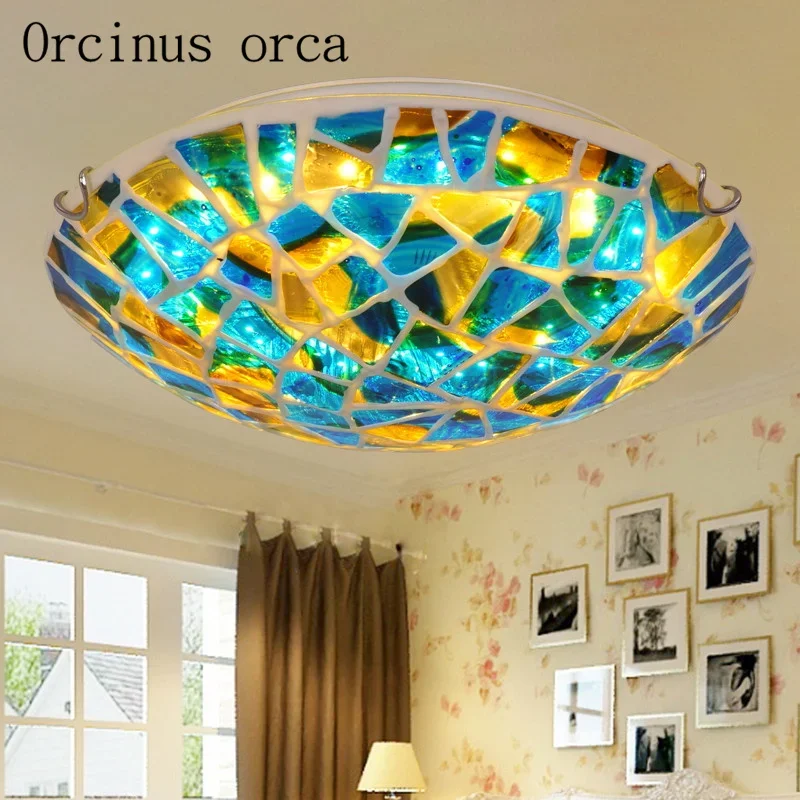 

Mediterranean painted glass ceiling lamp living room bedroom balcony European style romantic warm blue ceiling lamp