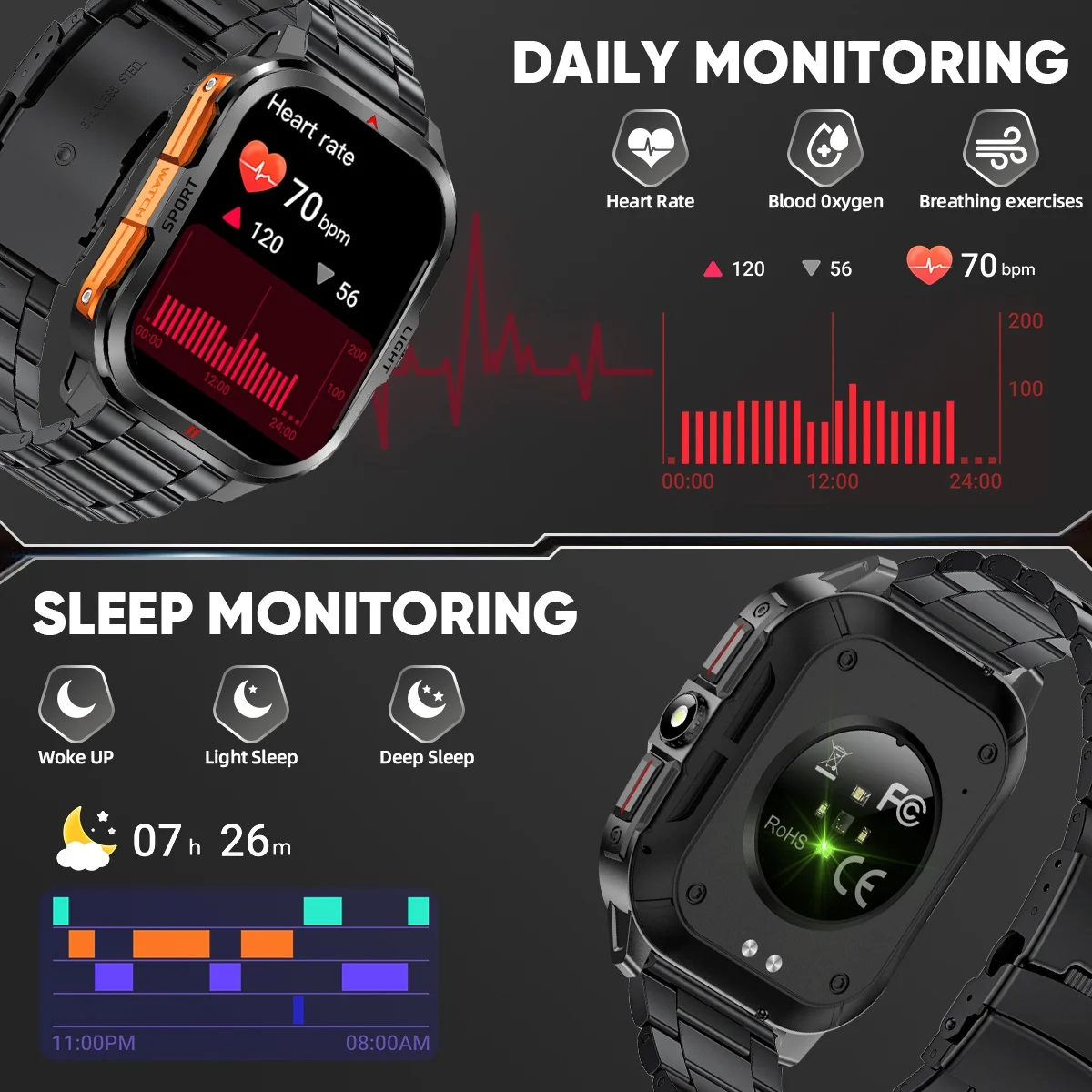 LIGE Torcia LED militare Smart Watch da uomo 3ATM Impermeabile Sport all'aria aperta Tracker Cardiofrequenzimetro Chiamata Bluetooth Smartwatch