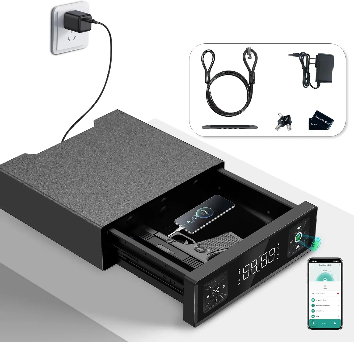 

Биометрический сейф для пистолета со светодиодными часами, сейфы для быстрого входа, которые можно разблокировать с отпечатками пальцев, паролями, приложениями, карточками, ящиком S