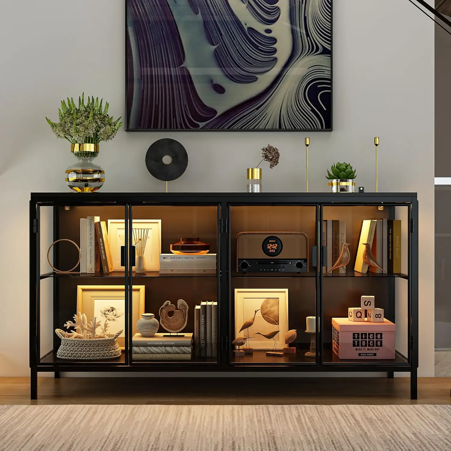 

Storage Cabinet with 3-Color LED Lights, Glass Shelves & 4 Compartments, Sideboard Buffet with Solid Metal Legs, Modern D