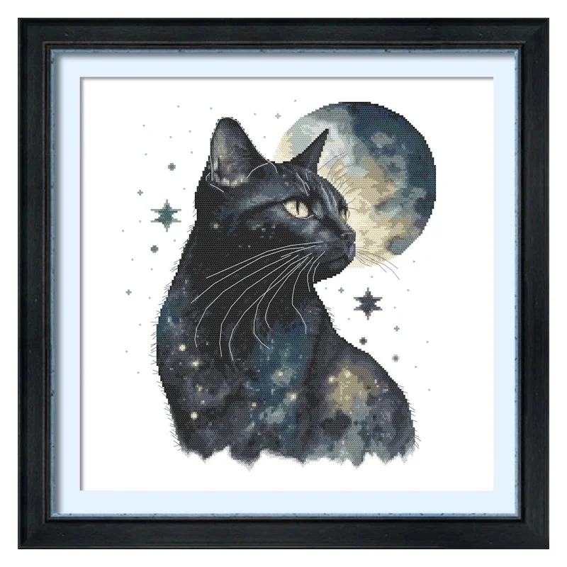 Cross stitch Kit 14CT Canvas Cross Stitch Embroidery Set Craft -20-black cat on a moonlit night 40-45 Cross Stitch Set