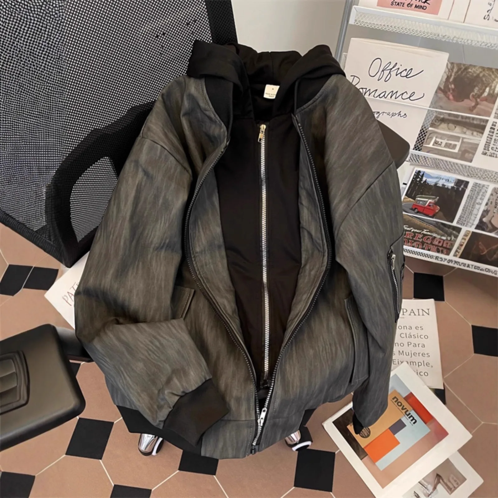 Black And Gray Textured Zip-Up Hooded Faux Two-Piece Jacket For Men, Street Style, Loose Fit, Outerwear,