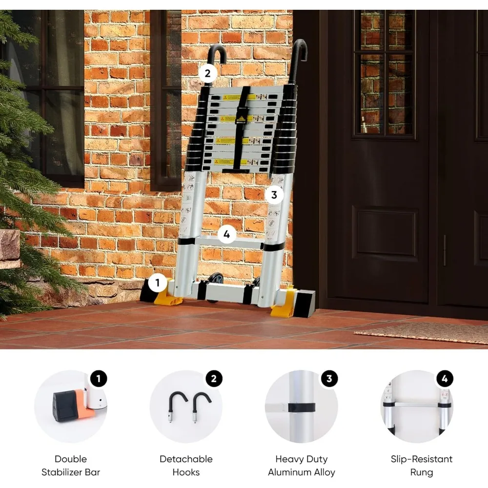 12.5 FT, Aluminum Extendable Ladder with 2 Detachable Hooks, Retractable Telescopic Extension Ladder for Indoor Or Outdoor,
