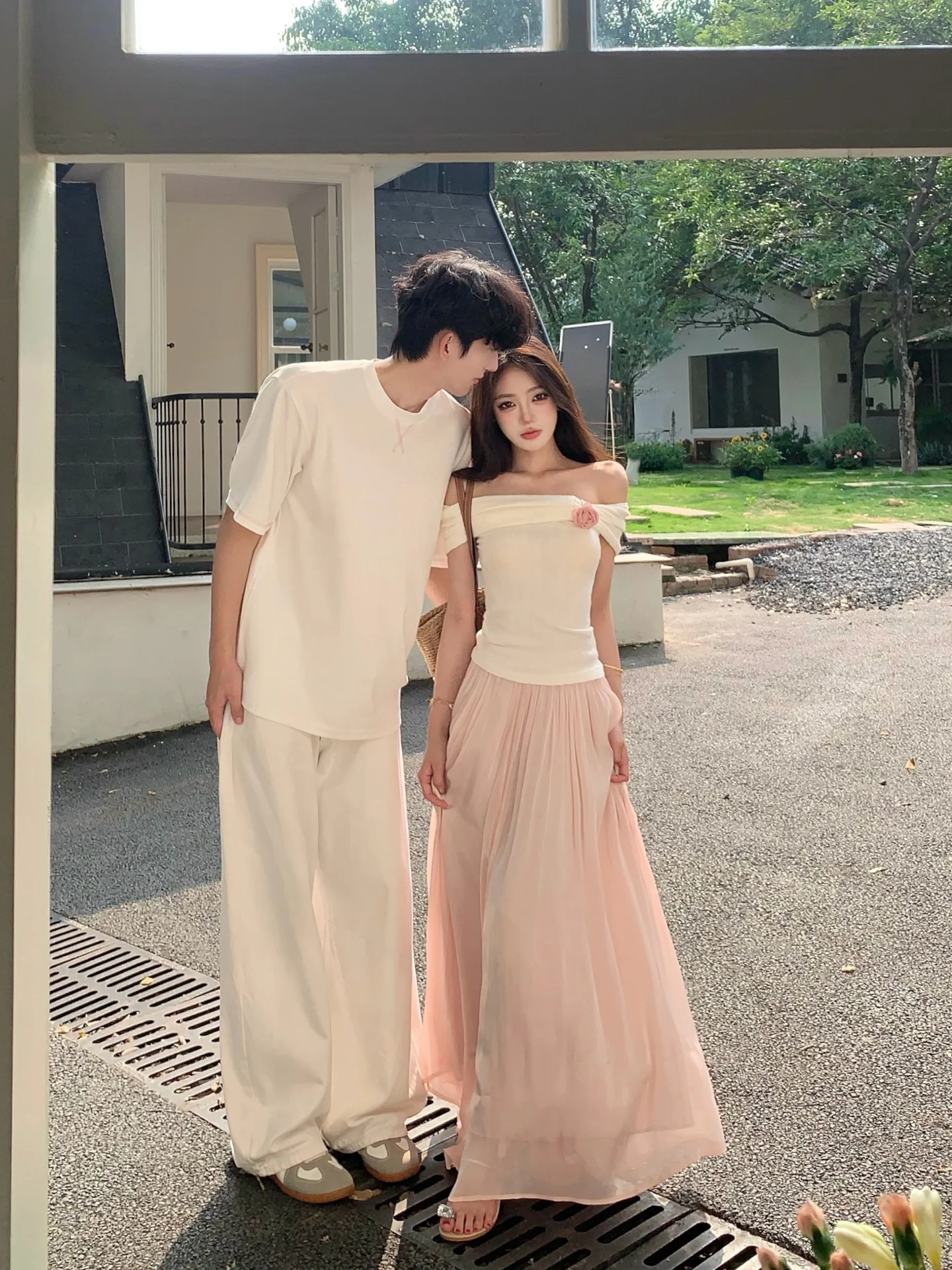 Korean Style Gentle Couple Matching Summer Short Sleeve T-Shirt Women's Shoulder Bared Floral Top Half Skirt Set Breathable