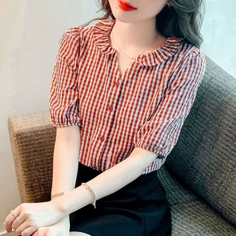 

sweet V-Neck Ruffles Printed puff sleeve Plaid Shirts Female Clothing 2024 Summer New Loose All-match Tops Chic Blouses