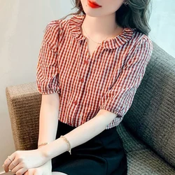 sweet V-Neck Ruffles Printed puff sleeve Plaid Shirts Female Clothing 2024 Summer New Loose All-match Tops Chic Blouses