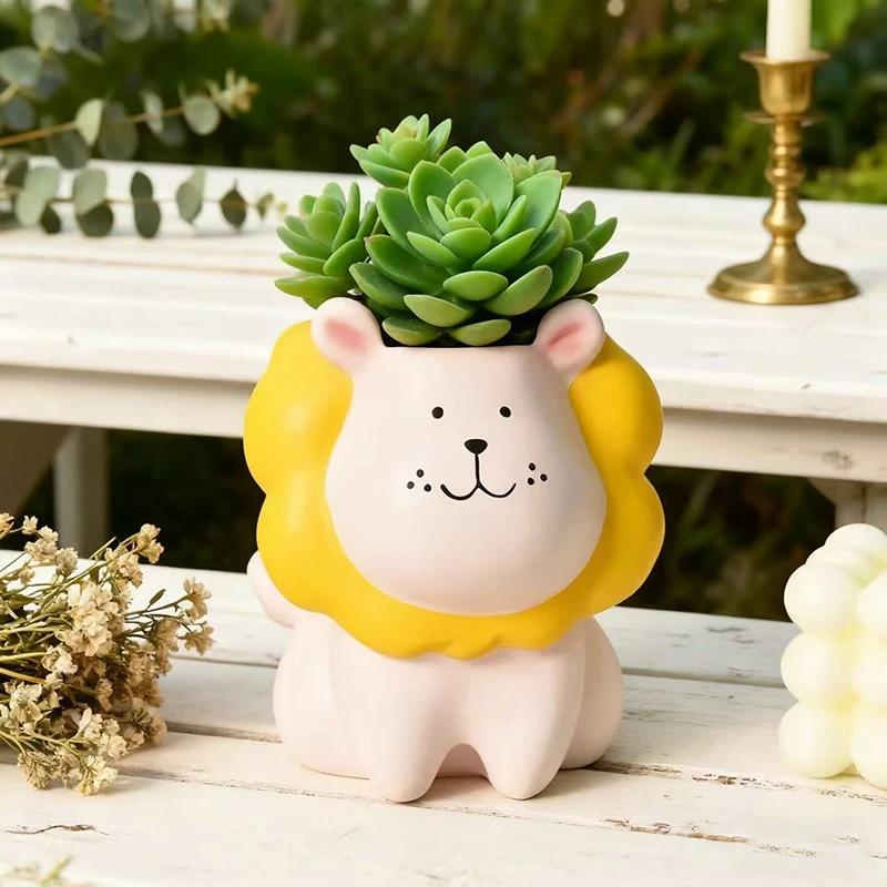 Miniso Cute Lion Flowerpot Green Potted Plants Container Home Courtyard Garden Decoration Resin Handicrafts Ornament Gift
