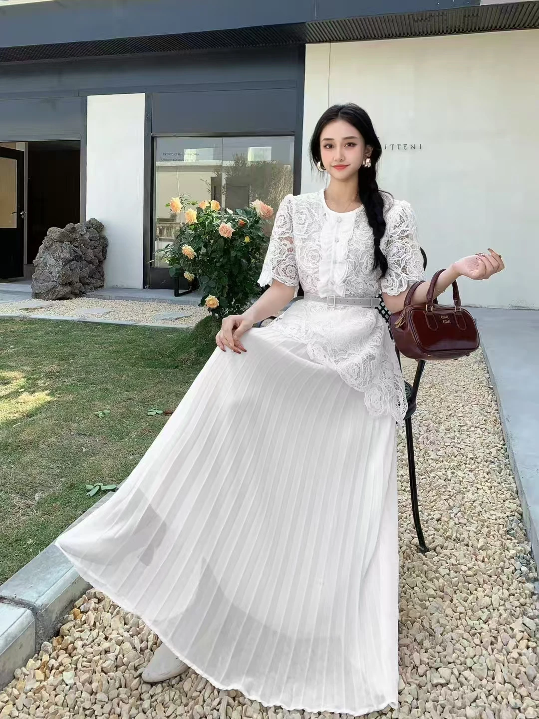 2025 Spring Autumn Women Skirt Suits High Quality Hook Flower Hollow Lace Shirt And Pleated Hem Chiffon Long Skirt Two Piece Set