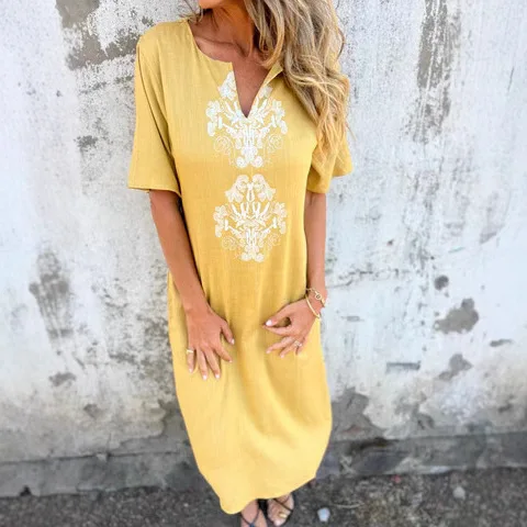 

2024, весна-лето, новое женское модное свободное длинное платье с круглым вырезом и принтом, халат