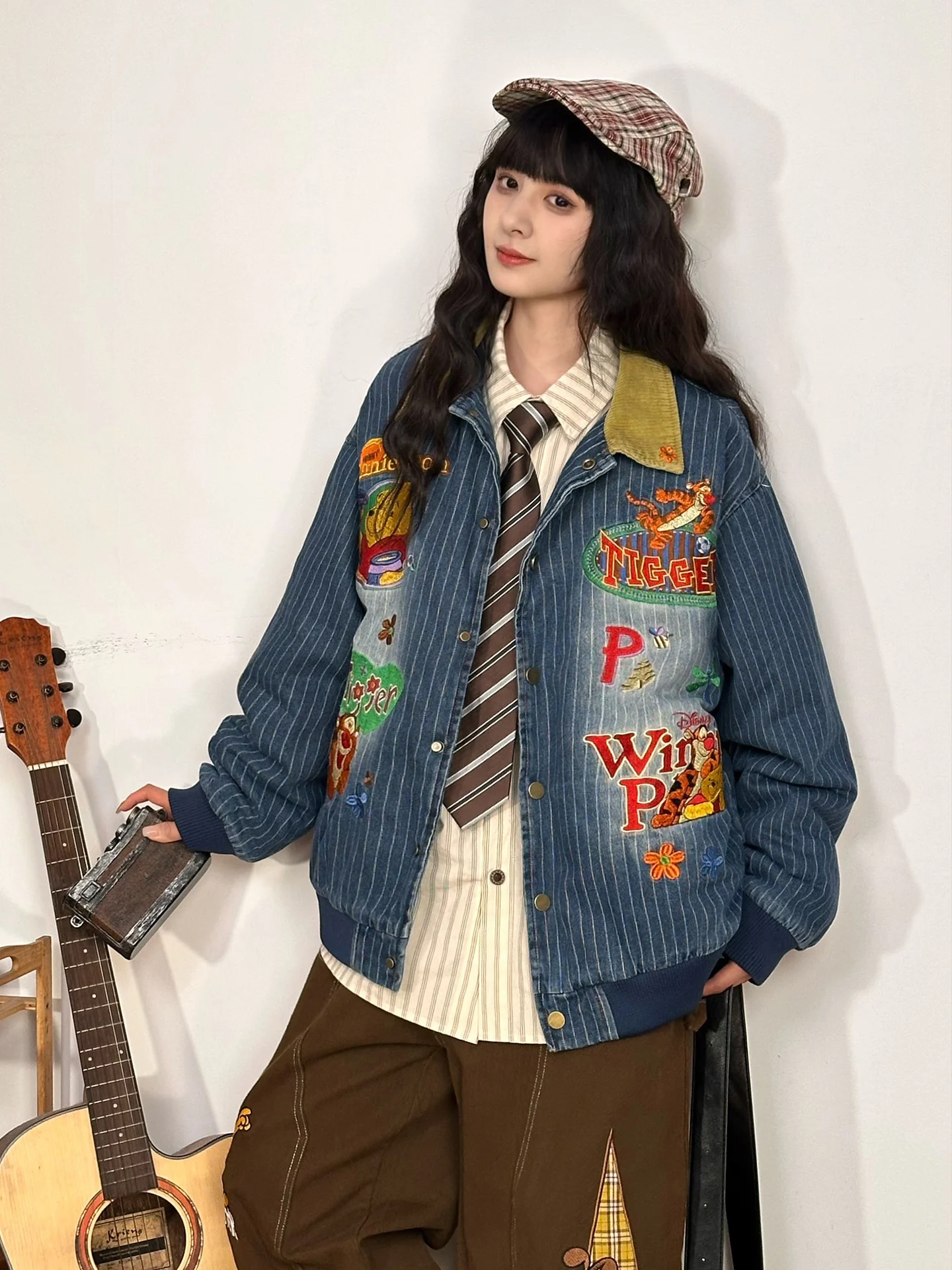 

Thiened Original Winter Bear Cartoon Embroidery Cotton Jaet Women Loose Warm Denim Baseball Coat Thi Outerwear