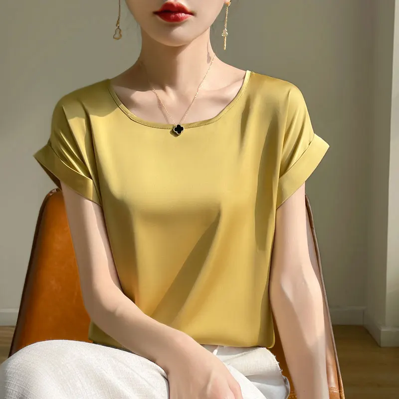 New Summer French Satin Slippery Short-sleeved Women's Round Neck Temperament Solid Color Simple High Sense Joker T-shirt