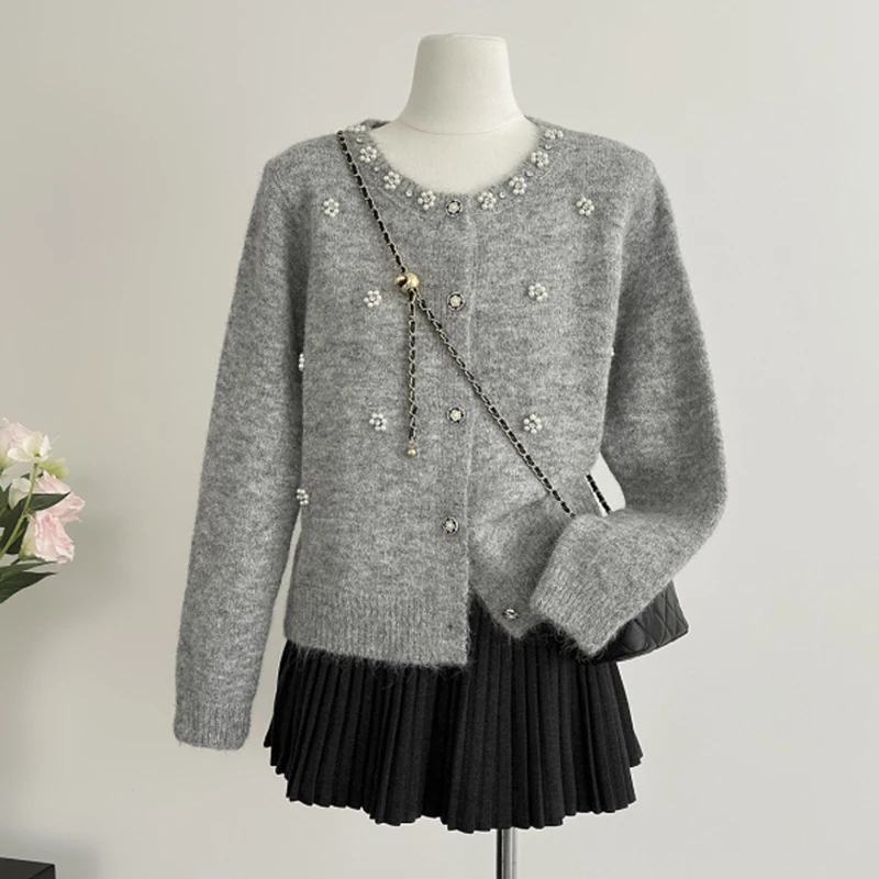 

Осень-зима 2025 г., женский свитер, новая мода, кардиган из бисера, топы, милая вязаная рубашка с длинными рукавами