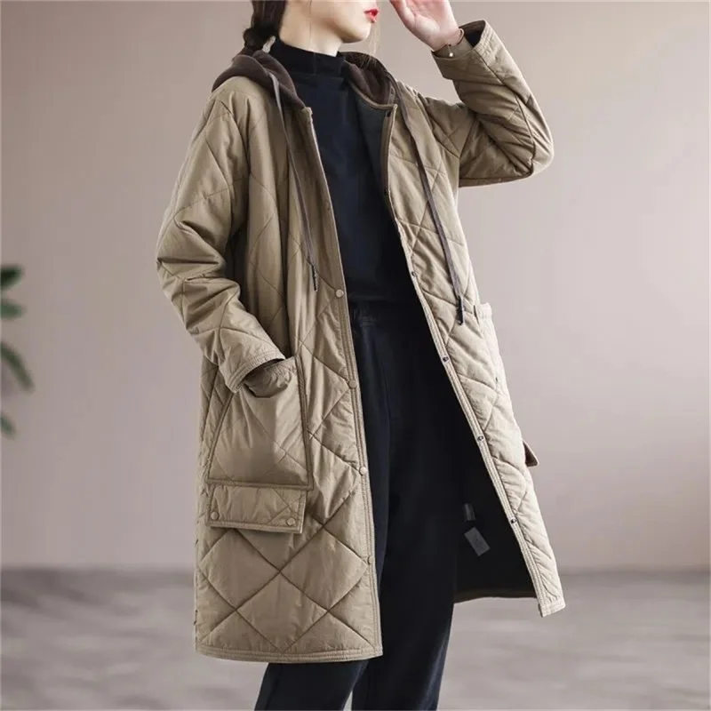 Diamond Plaid Down Cotton Jacket Loose Casual Long Cotton Jacket Autumn And Winter Hooded Stitching Padded Warm Button Outwear