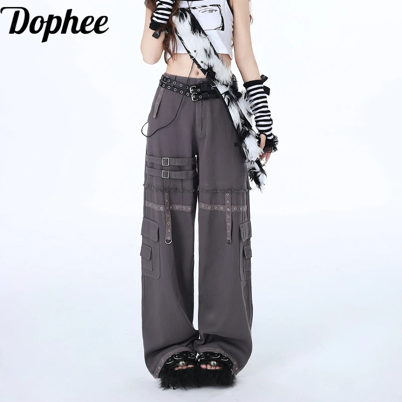 

Dophee American Street Black Grey High Waist Multi Pockets Women Cargo Pants Spice Girls Loose Straight Wide Leg Trousers 2024