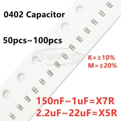 Capacitor de SMD 0402, 150, 220, 330, 470, 560, 680, 820NF, 1UF, 2,2 UF, 4,7 UF, 10UF, 22UF, 10, 16, 25, 50V, 10%, 20%, X5R, X7R