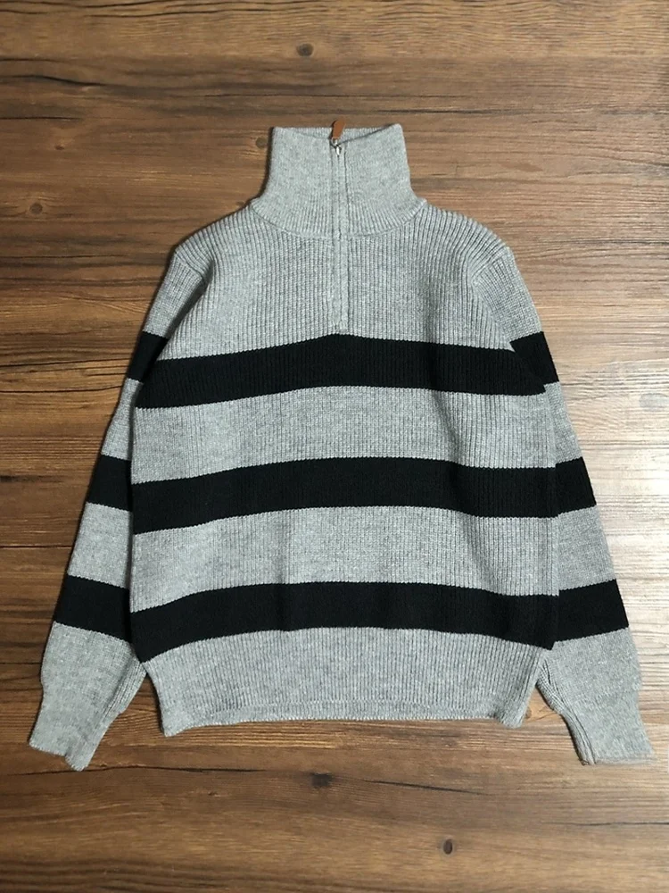 

Свободный вязаный женский топ на молнии, полосатый свитер с воротником-стойкой, уличный свитер, осень-зима, длинный свежай