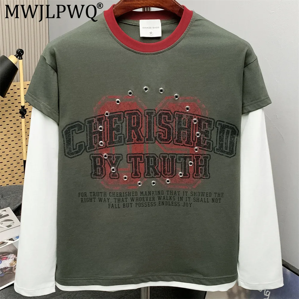 MWJLPWQ Fake Two-Piece Color-Blocked Long-Sleeve T-Shirt Men Distressed Letter Print Metal Ring Cutout Design Casual Top 20628