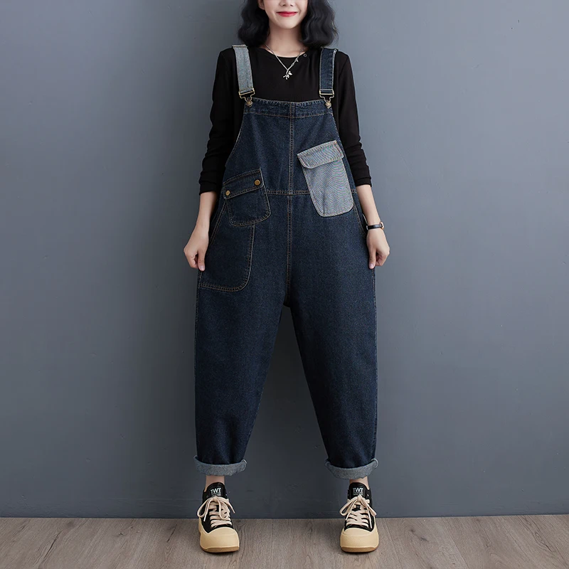 2025 New Streetwear Jeans Women's Jumpsuits Casual Loose Patchwork Safari Denim Overalls Big Size Wide Leg Straps Cargo Pants