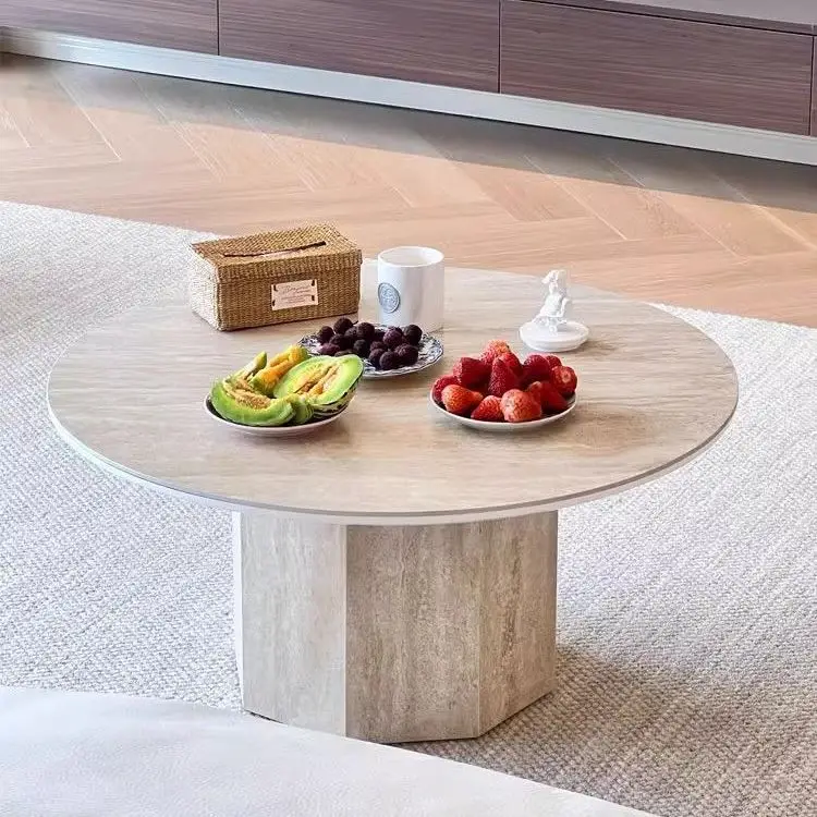 Living room Nordic home wabi wind coffee table round designer French small apartment travertine rock slab table