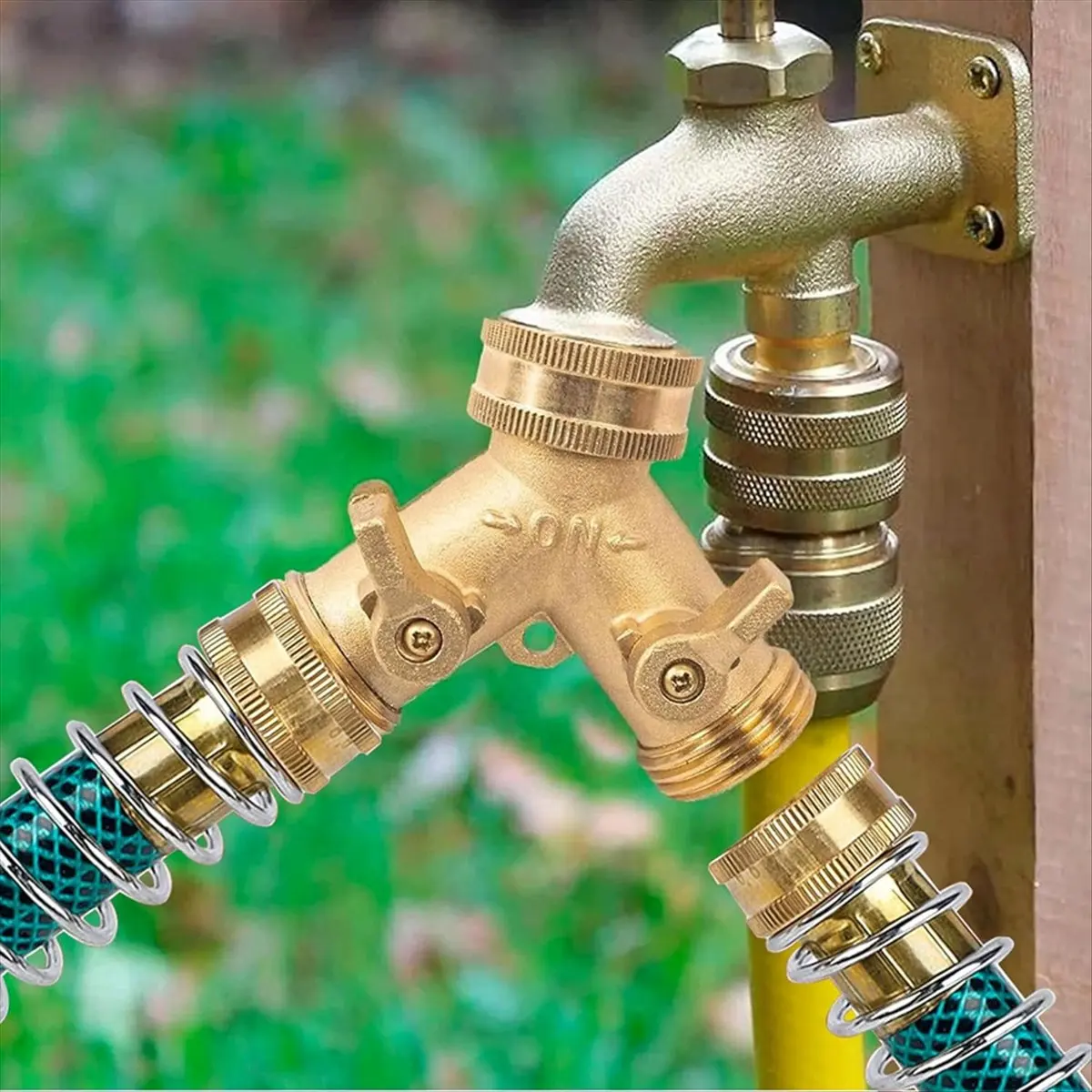 

【frki】 2 Way Hose Splitter, 3/4Inch Brass Hose Y Splitter with 2 PCS Garden Hose Extension Hose Coiled Spring Protectors