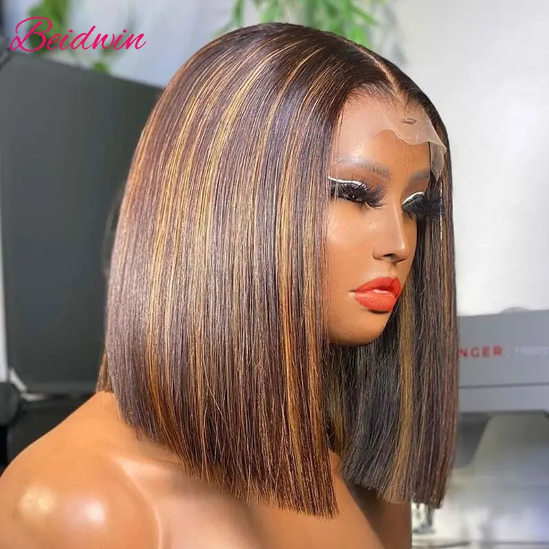

180 Density Highlight Wig Human Hair P4/27 Straight Short Bob Lace Front Human Hair Wig Brazilian Remy Transparent Lace Wigs