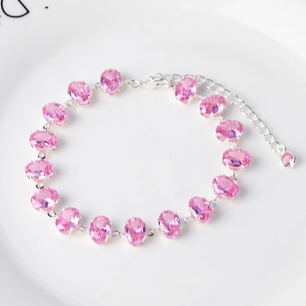 Unique Real Pink Cubic Zirconia Silver 18K Gold Plated Oval CZ Tennis Link Chain Bracelet for Women Chic Daily Party Wedding