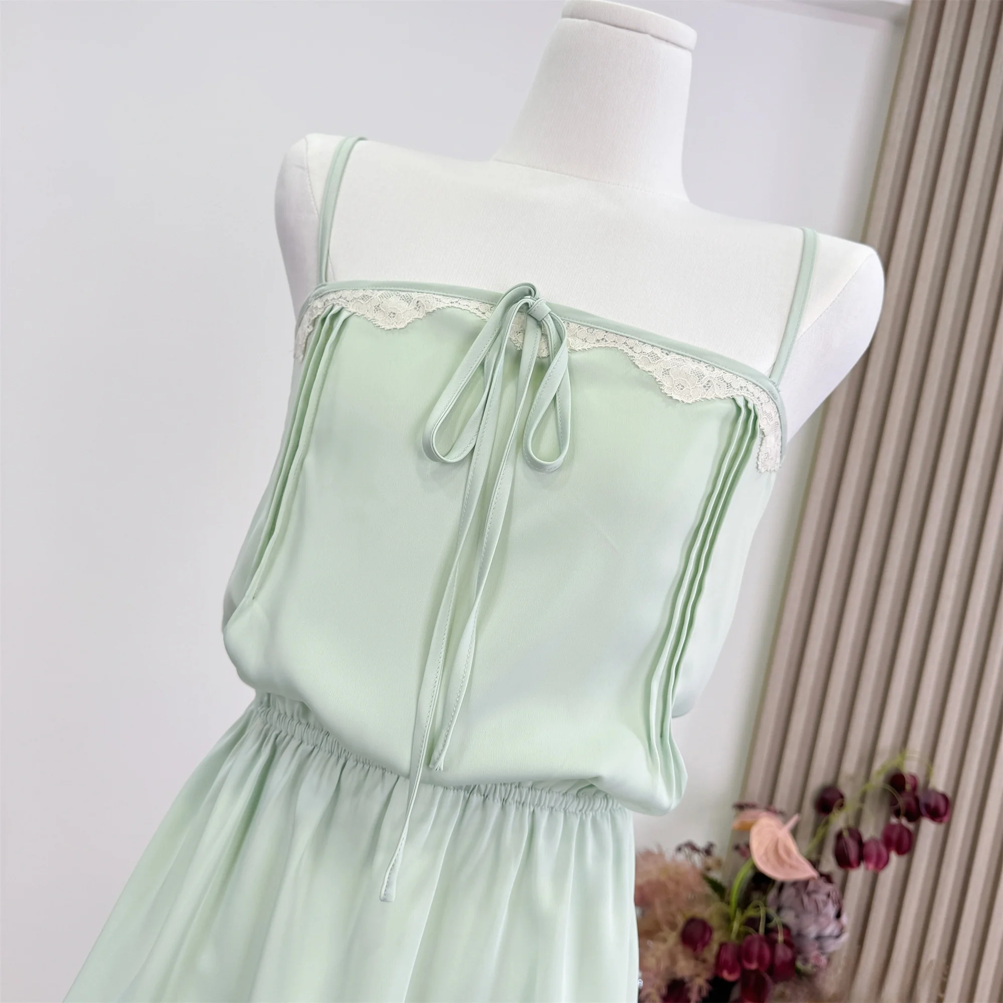 Mint Green Lace Halter Dress Drawstring Waist Slimming Short Skirt Lin Xia Summer 2026 Commute Style Polyester Fiber 100%