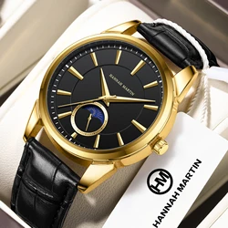 Hannah Martin Men Multi functional Watch Luxury Brand Fashion 41mm Star Moon Dial Gold Black Business Leather Quartz Men Watches