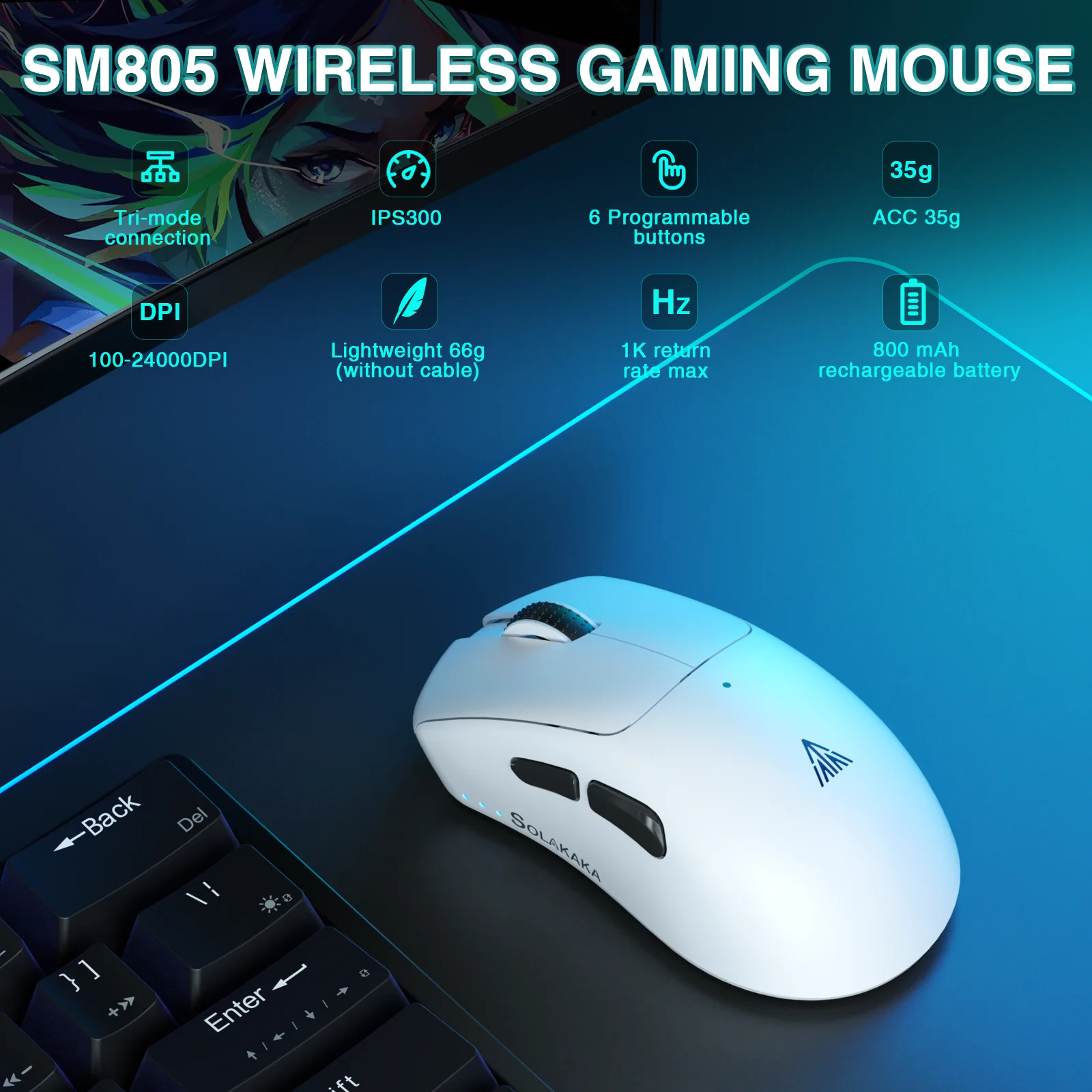 SOLAKAKA SM805 Wireless Gaming Mouse Tri-Mode Connection Ultra-Light 24000DPI PAW3311 800 mAh Programmable Esports Gaming Mouse