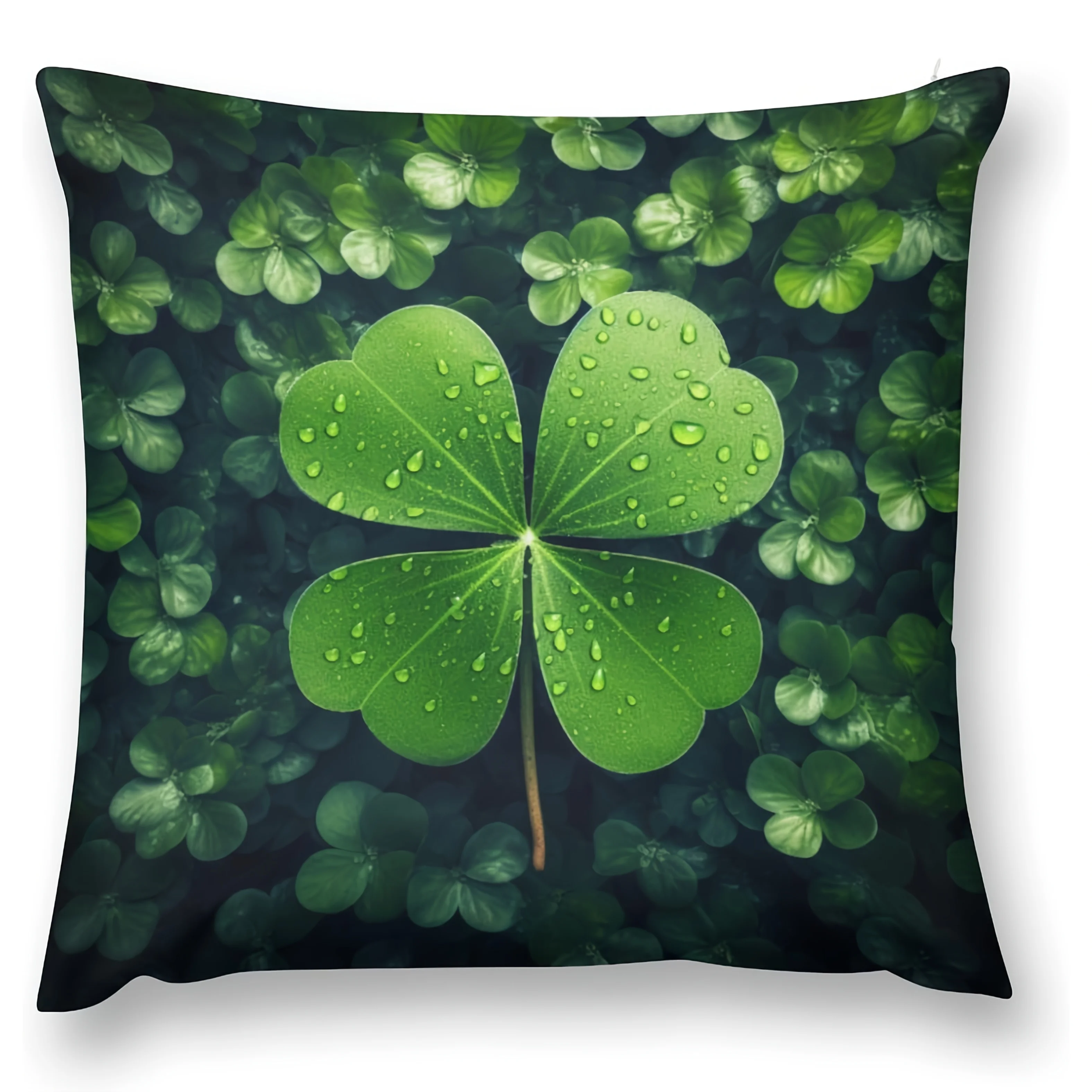 Lucky Four Leaf Clover Double-Sided Pillowcase, Green Floral Pattern Cushion Cover with Zipper, Washable Decor Case for Sofa
