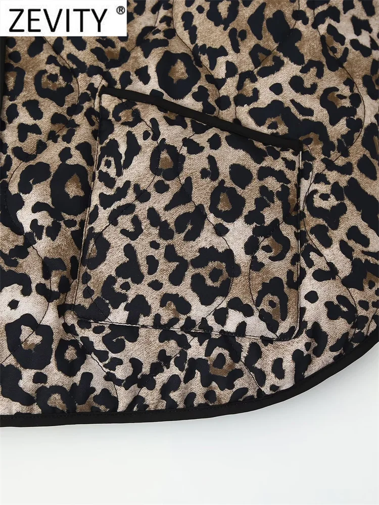 ZEVITY-Chaqueta de algodón acolchada con estampado de leopardo para mujer, abrigo ajustado de manga larga con botones, Estilo Vintage, CT6287, 2024