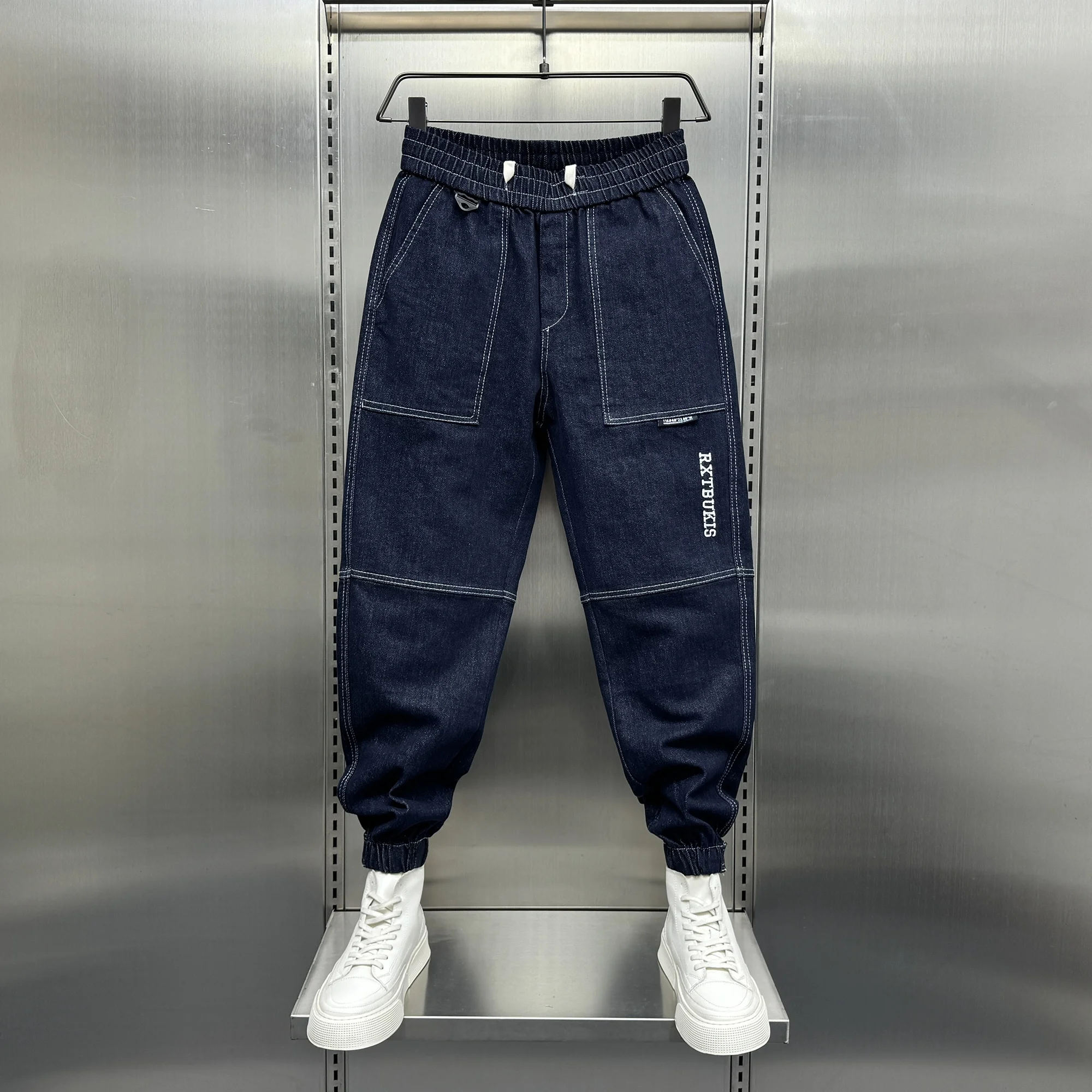 

Loose Men's Blue Jeans Autumn 2023 New Sle Patchwork Embroidery Cuffed Pants Magic Tape Casual Trousers Harlan Pants