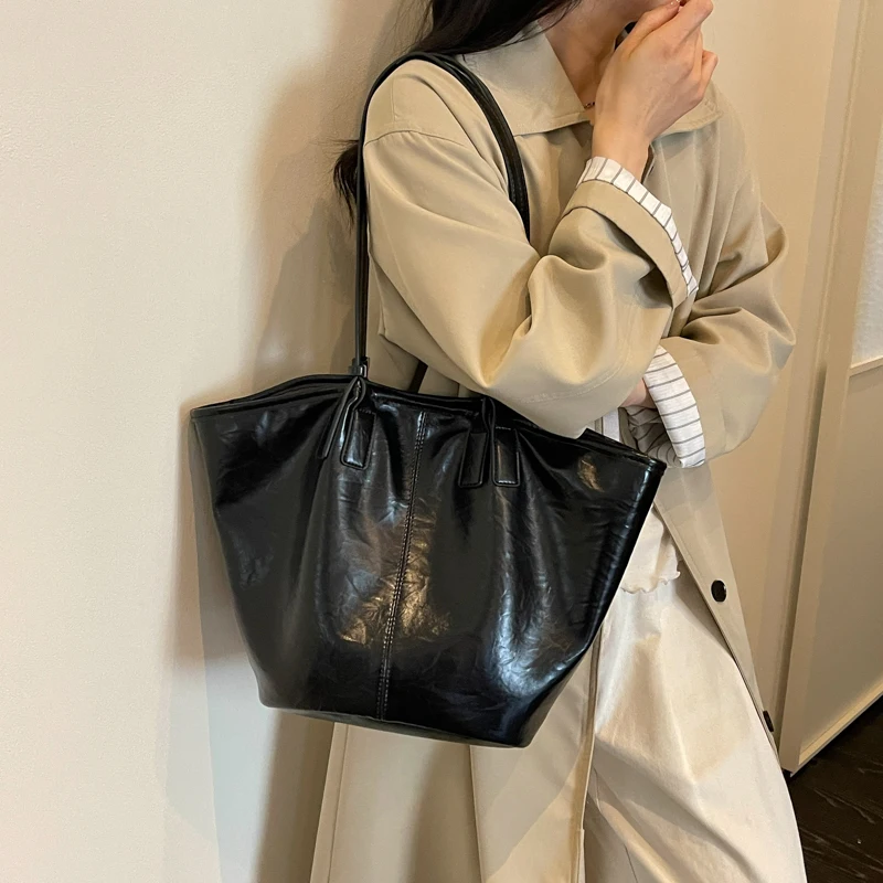 Overs ize Shopper Bag einfach lässig große Kapazität Tote Frauen Handtaschen Designer Tasche Luxus weiche Leder Umhängetasche schwarz Bolsos – Detail 25