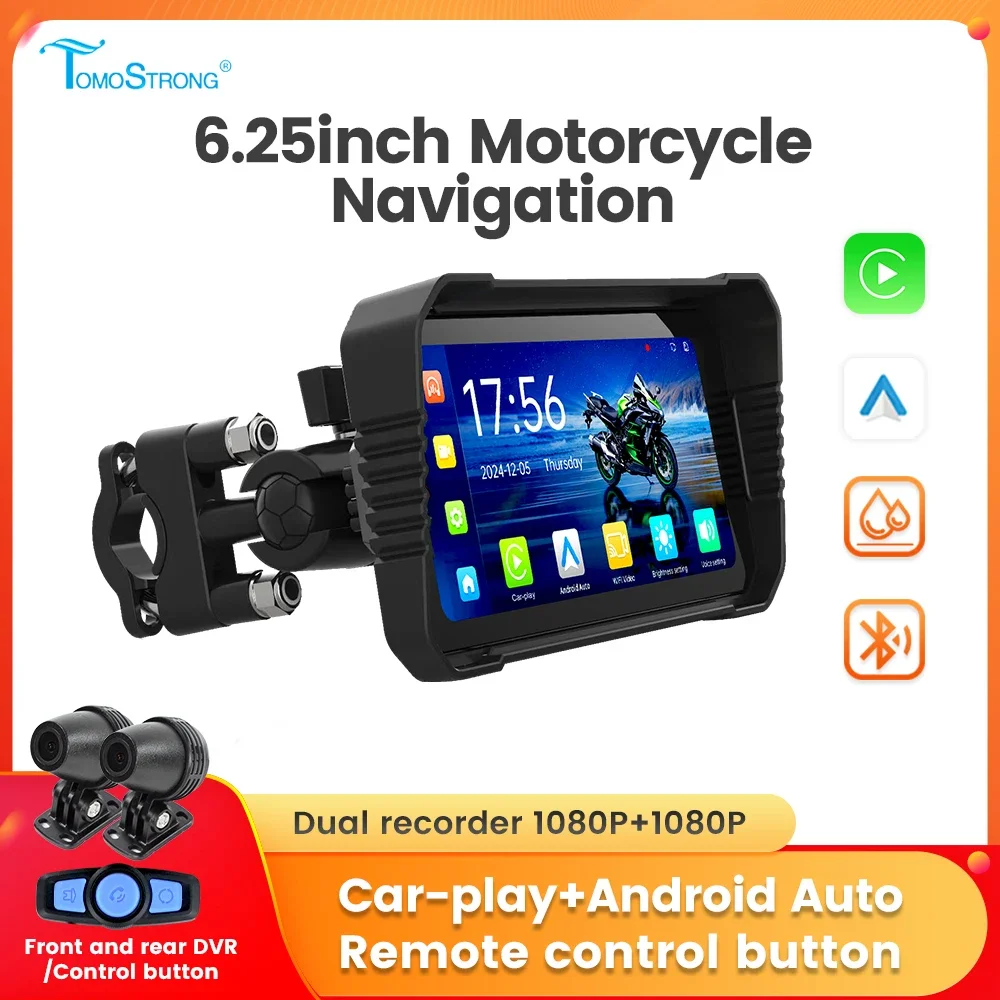 

TomoStrong 6.25 inch MOTO Navigation Waterproof Carplay Display Screen Dual BT Portable Motorcycle Android Auto Remote control