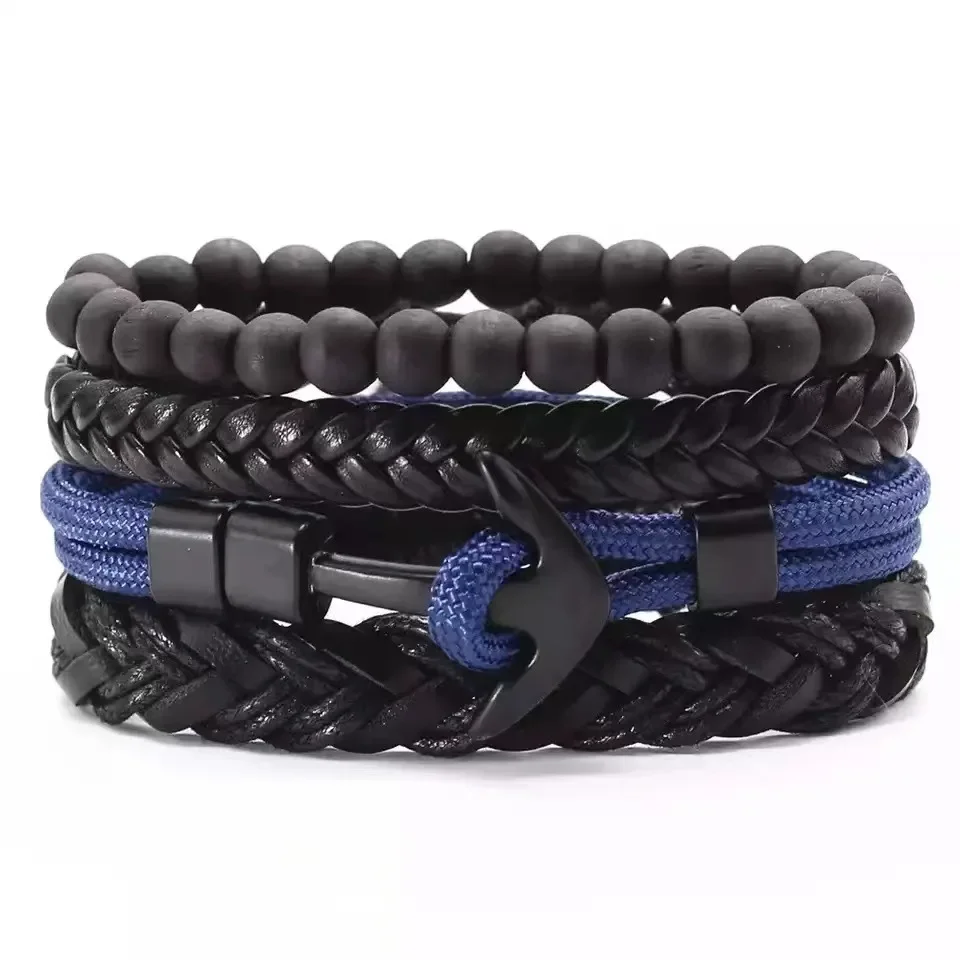 Retro Punk Harajuku Rock and roll Fashionable Individuality Set of 4 Navy wind Knit Leather Bracelet Multilayer Ship anchor