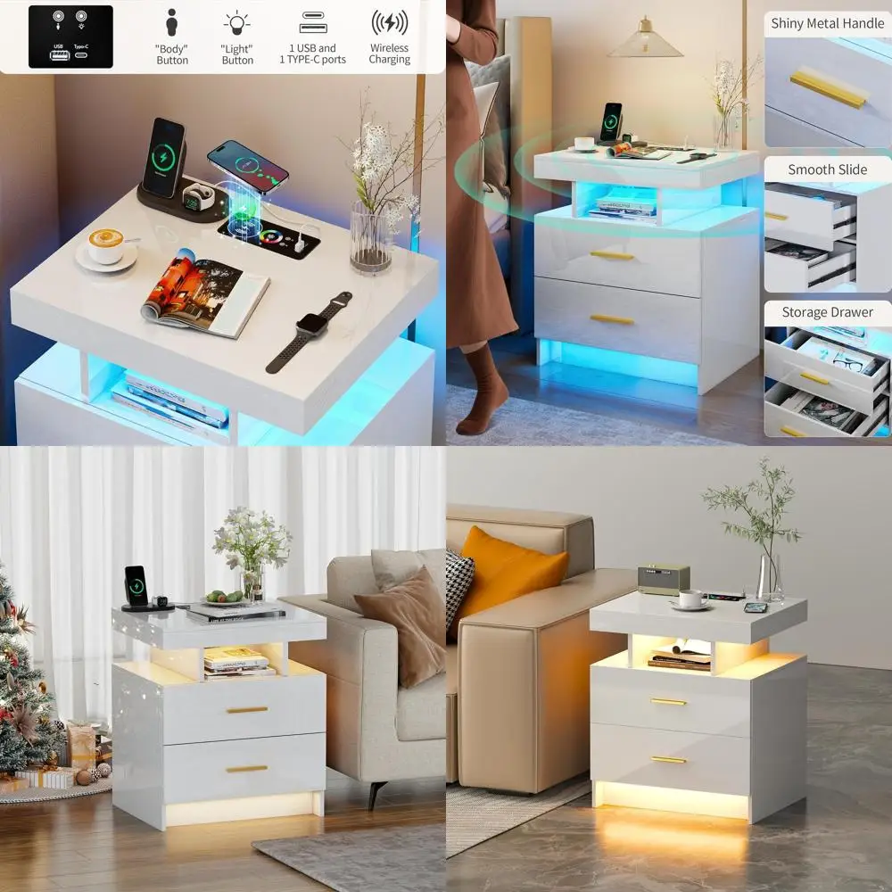 

LED Nightstand with Charging Station, Color-Changing Lights and Drawers, Sleek Bedroom Table with Auto Sensor