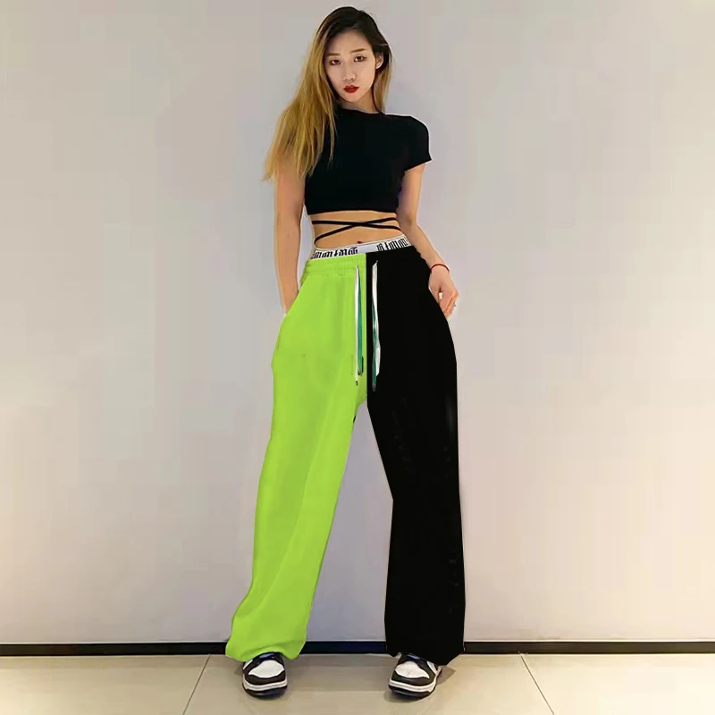 Loose Color Block High Waist Street Style Women's Sports Pants Hip Hop Jazz Dance Trousers Trendy Cotton Casual Long Trousers