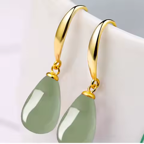 New Fashion jade earrings female pear-shaped water drops Hetian jade earrings blue jasper gemstone chalcedony jewelry
