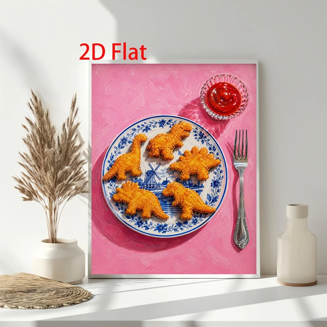 2D Flat, 1pc Dinosaur Chicken Nugget Poster & Canvas Print - Vertical Frameless Suitable for Home Decor, Multi-Size Retro Pop