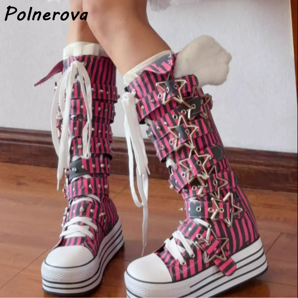 

Rose Black Stripes Platform Boots Five-Pointed Star Buckle Belt Round Toe Thick Soled Shoes Women Fashion Canvas Patchwork Shoes