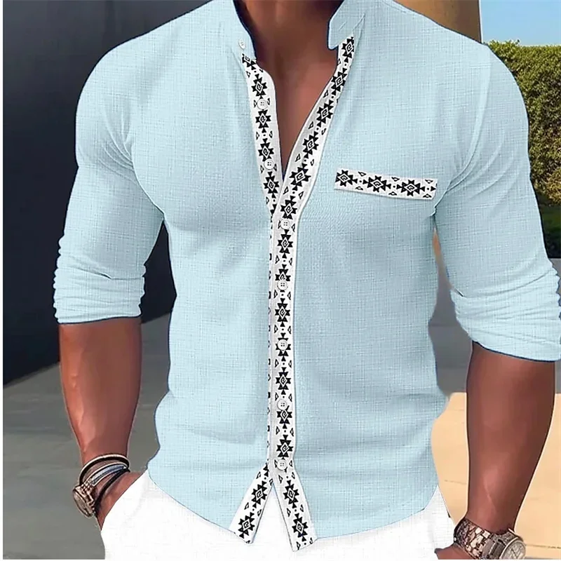 Minimalista 3D dos homens impresso manga comprida Stand Up Collar camisa, moda Street Wear, top solto, MB1