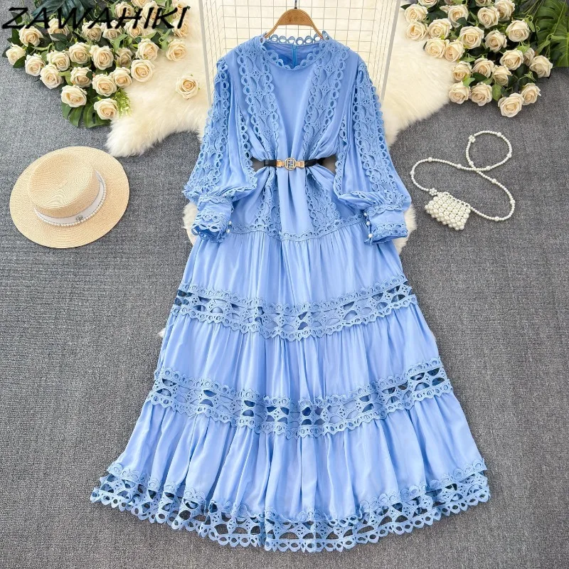 

Evening Dress for Women Heavy Hollow Out Lace Femme Robe Patchwork Bandage Vestidos Solid Color Temperament Vintage Ropa Mujer