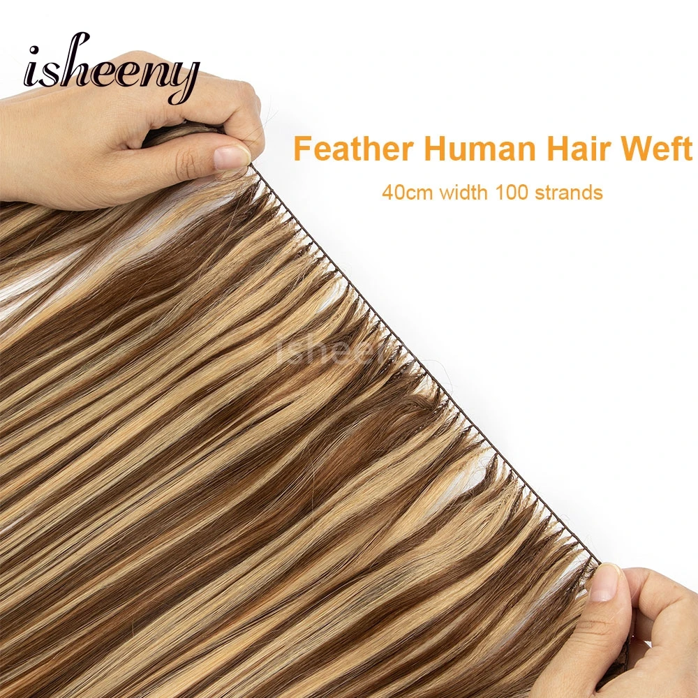Isheeny Invisible Feather Human Hair Weft 40cm Width with 100 Strands Real Natural Straight Hair Bundles 16-22 Inches