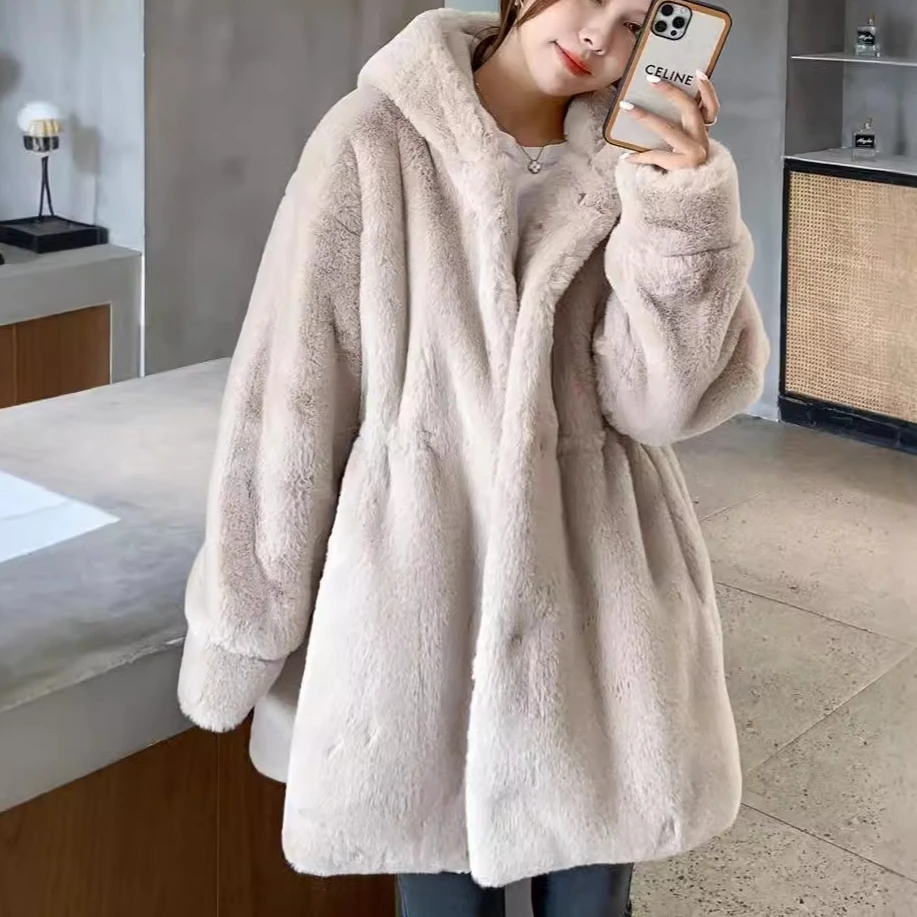 여성 인조 토끼털 코트 퍼리 아우터웨어 롱 오버코트 후드 롱 슬리브 오픈 스티치 두꺼운 재킷 Y2k 2025 가을 겨울