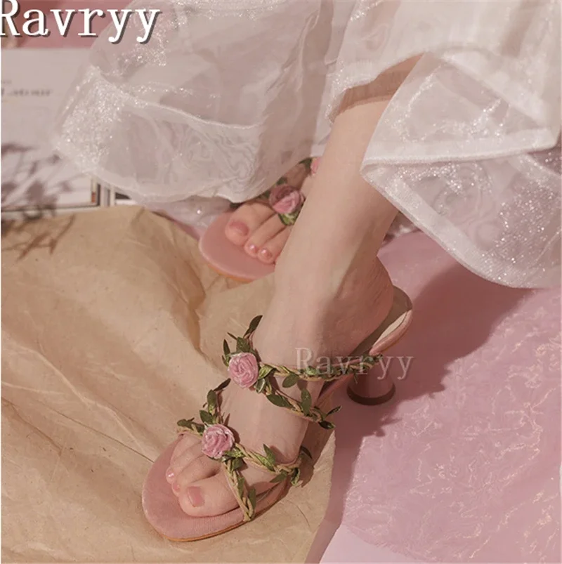 Pink Flower Vine Slippers Lovely Women Vacation Sandals Fairy Style Round Open Toe High Heel Party Wedding Shoes