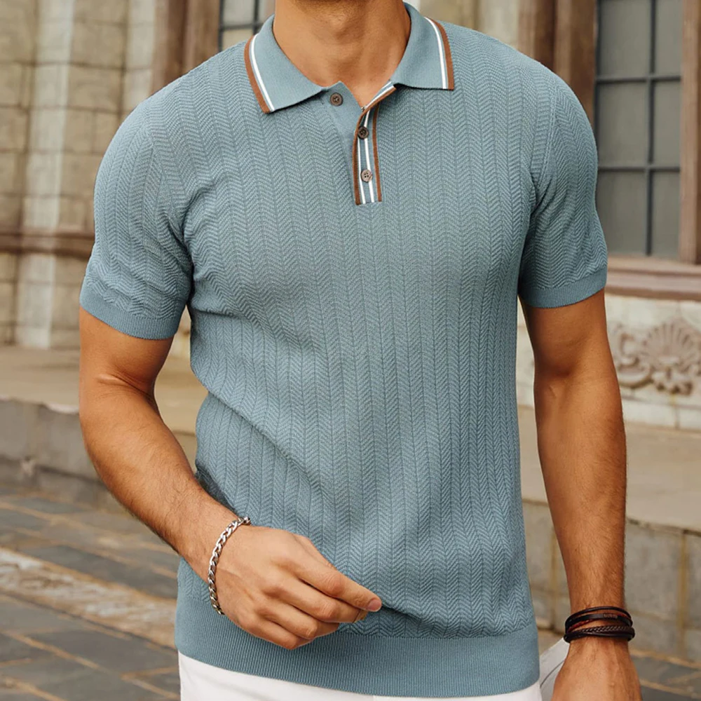 

Mens Casual Knitted Short-Sleeved Polo Shirt Contrasting Color Temperament Fashion Retro Business Versatile Top For Men