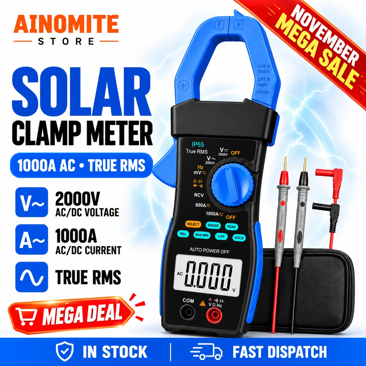 6000 Counts True RMS Clamp Meter 1000A 2000V AC DC Current Voltage Tester LowZ NCV for Solar PV Off Grid System Maintenance