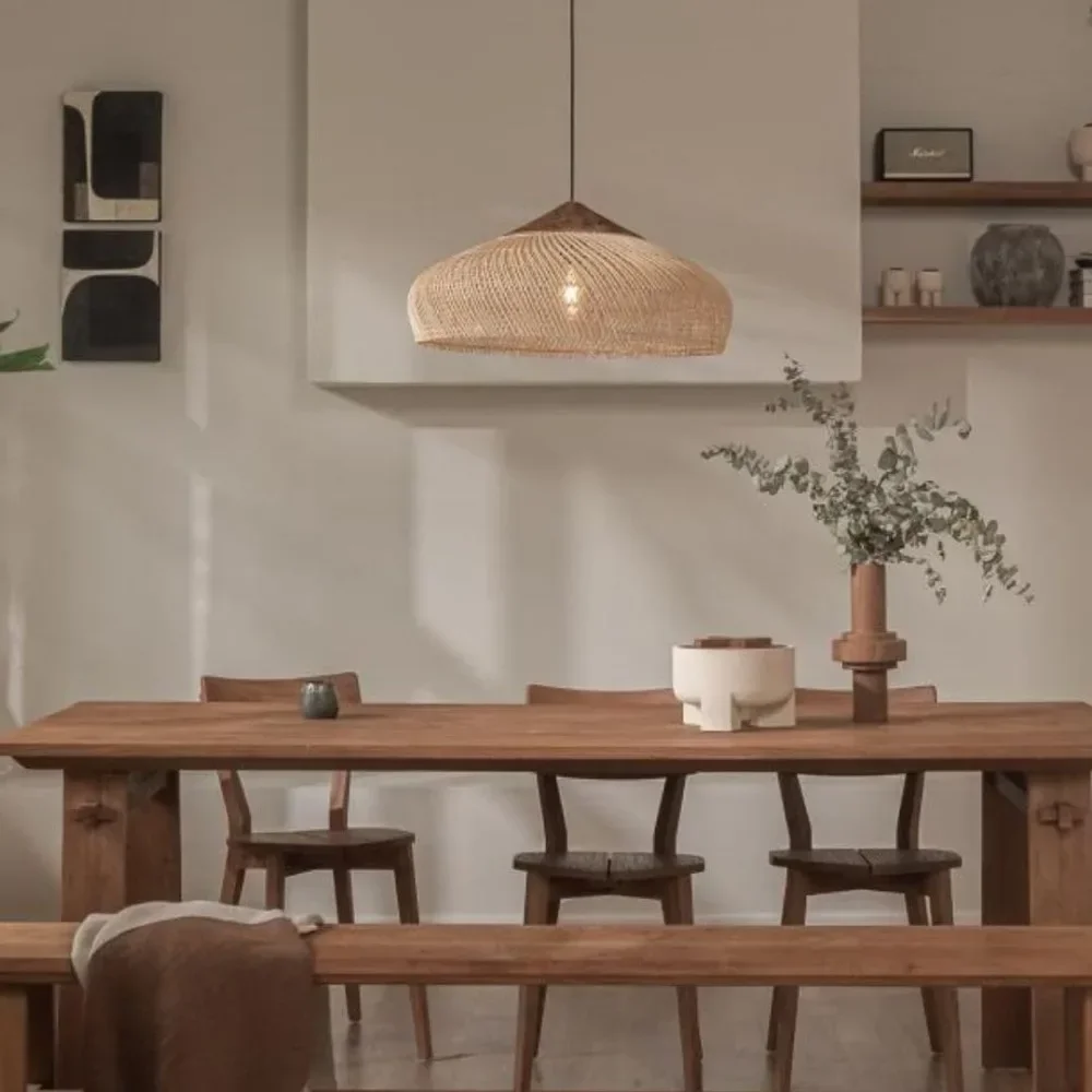 Vintage Rattan Pendelleuchte Gewebt Korbgeflecht Beige Kronleuchter Deckenhängelampe für Esszimmer Esstisch Wohnzimmer 60CM – Detail 5