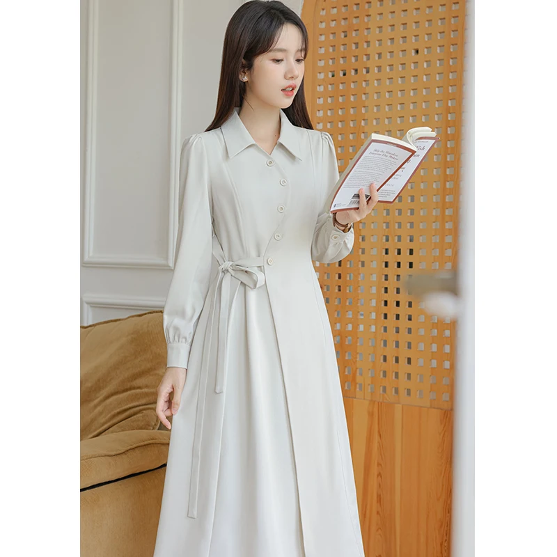 Women Dresses Autumn Simple Turn-down Collar A-line Mid-waist Long Sleeve Office Lady Solid Color Daily Casual Female Dresses